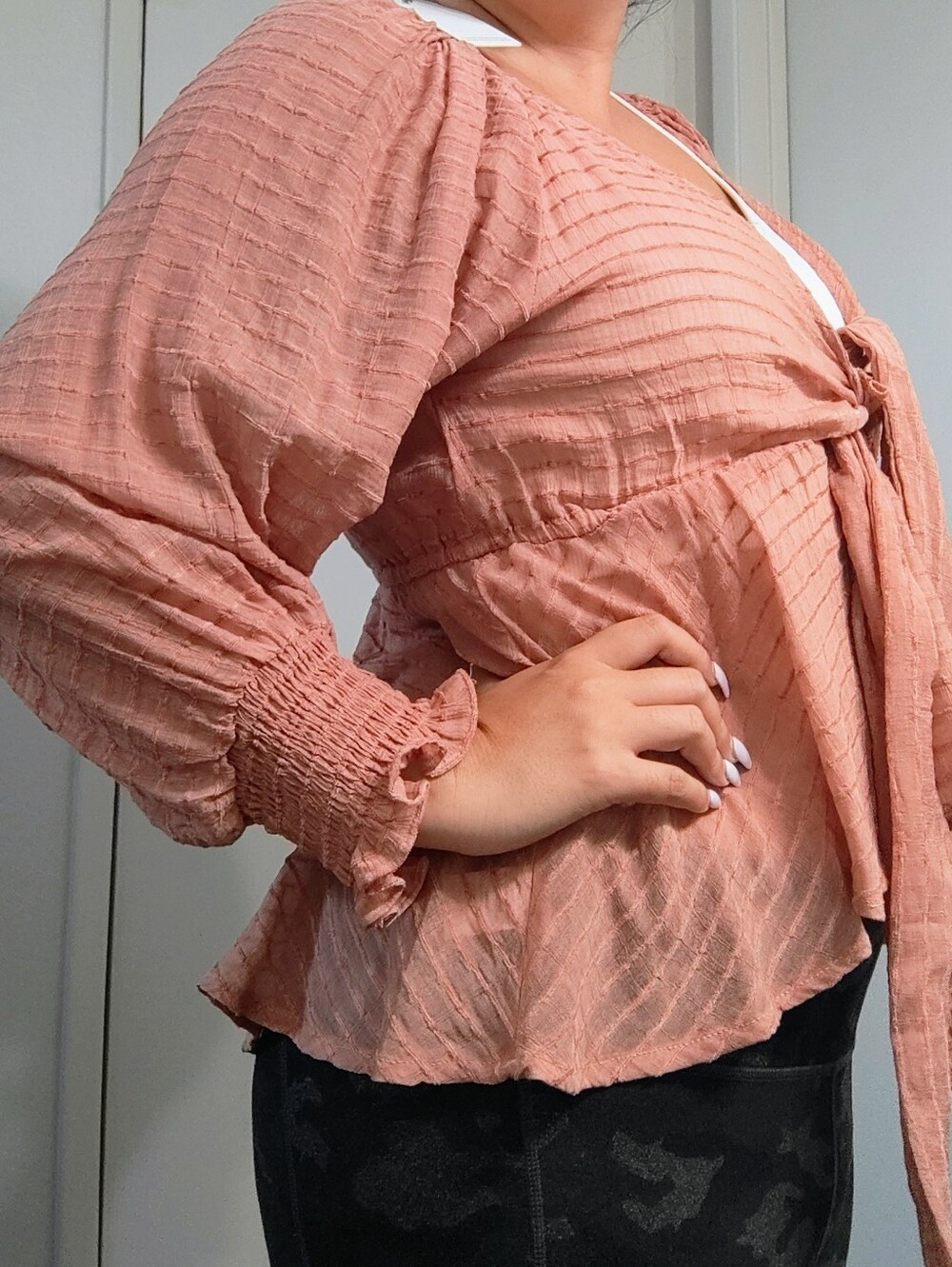 Dusty Rose Tie-Front Peplum Blouse